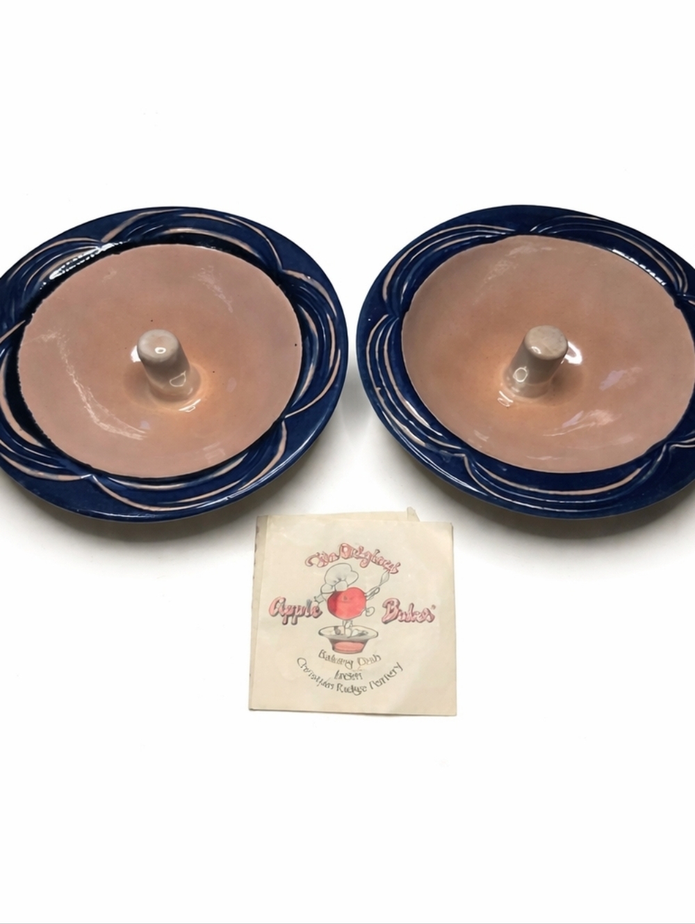 Christian Ridge Pottery Apple Baker Set of 2 Blue Stoneware w Recipe Card
